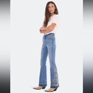 Ashley Mason Light Blue Flare Jeans with Yellow Floral Accents